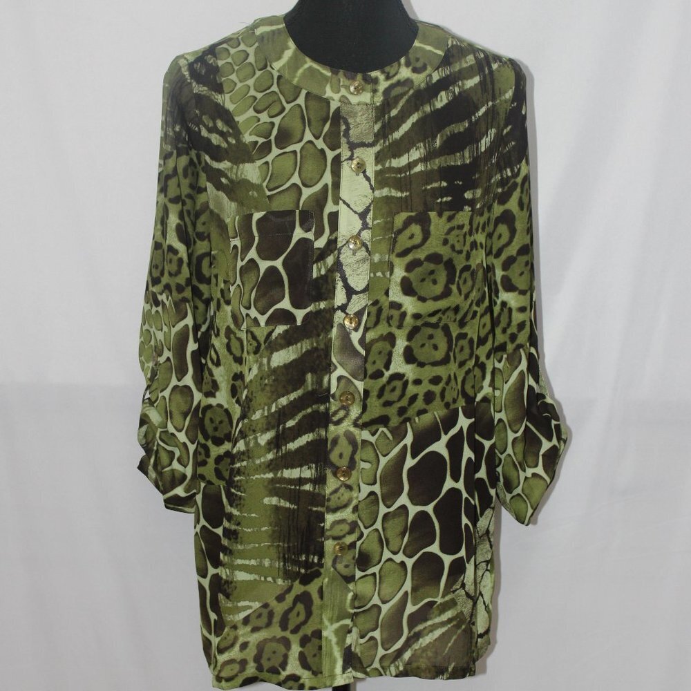 Susan Graver Olive Green Animal Print Blouse